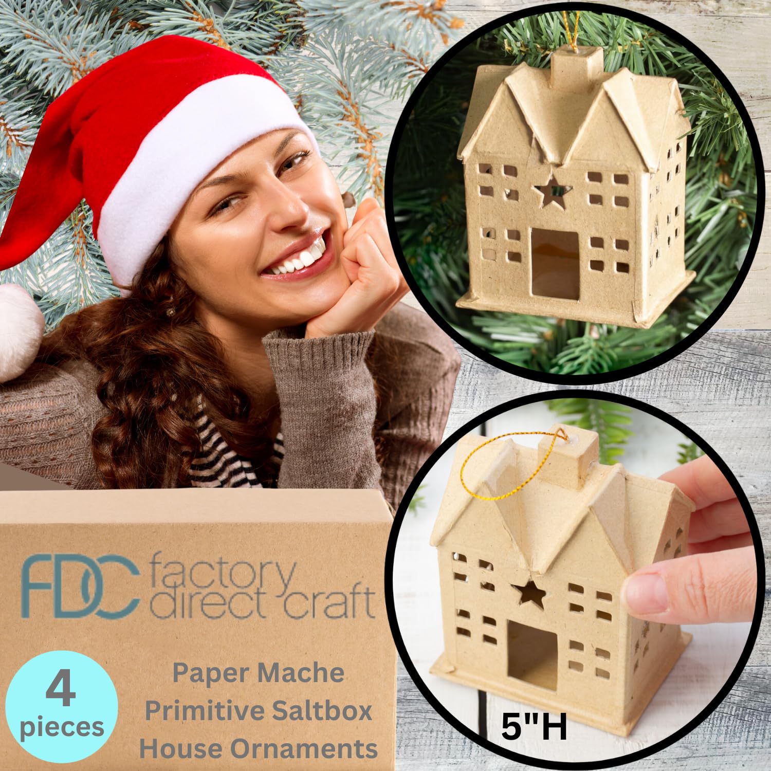 Factory Direct Craft Set of 4 Ready to Decorate Paper Mache Primitive Saltbox Ornaments - 2-1/4 Inches W x 5 Inches H Factory Direct Craft