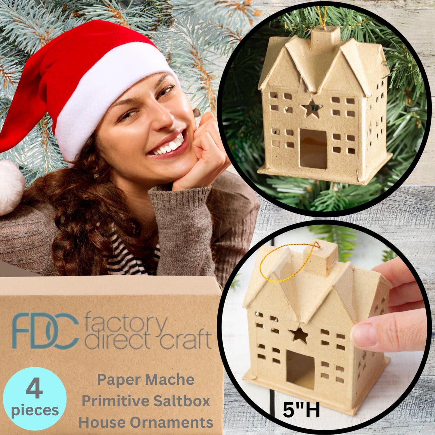 Factory Direct Craft Set of 4 Ready to Decorate Paper Mache Primitive Saltbox Ornaments - 2-1/4 Inches W x 5 Inches H - WoodArtSupply