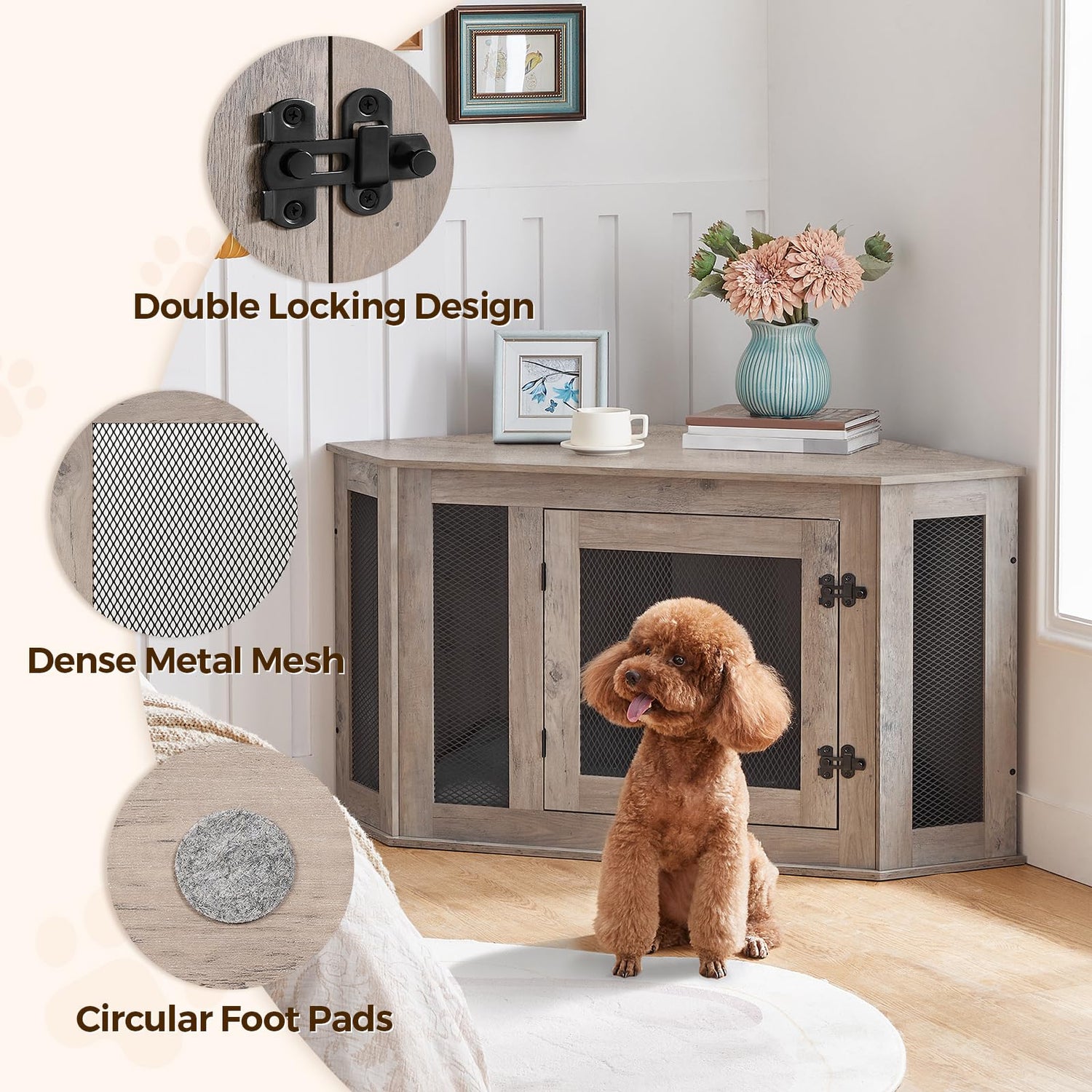MAHANCRIS Corner Dog Crate Furniture, Wooden Dog Kennel End Table, Decorative Pet Crate Indoor Use, Furniture Style Dog House for Small Medium Dog, MAHANCRIS