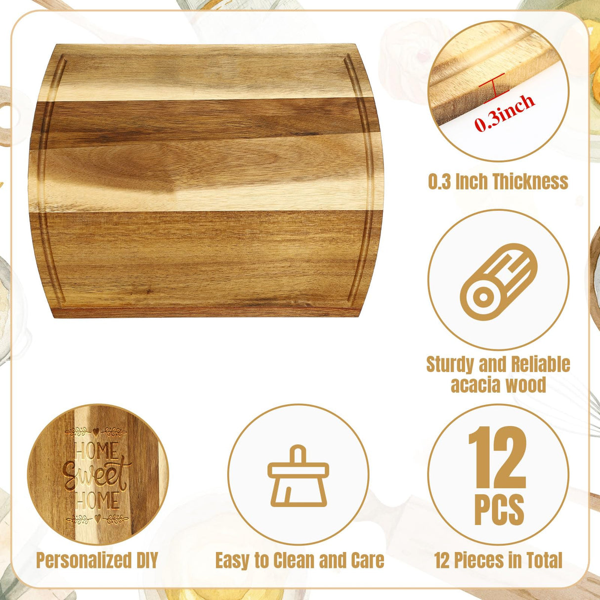 Patelai 12 Pack Large Cutting Boards Bulk Wooden Cutting Board Kitchen Chopping Boards for Crafts DIY Wedding Housewarming Gift (12 x 9 Inch,Acacia) Patelai