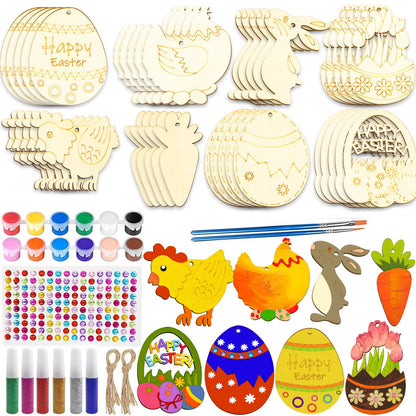 Easter Wooden Painting Craft Kit, 40Pcs Unfinished Easter Wooden Ornaments, DIY Easter Wood Cutouts Easter Egg Bunny Chick Tulip Ornaments Easter - WoodArtSupply