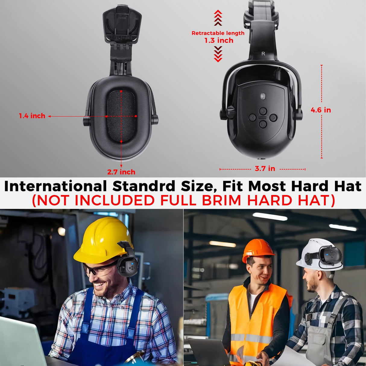 Kalence Bluetooth Hard Hat Ear Muffs, NRR 28dB Adjustable Cap-mounted Bluetooth Hearing Protection Earmuffs 50H Playtime Safety Earmuffs Work Kalence