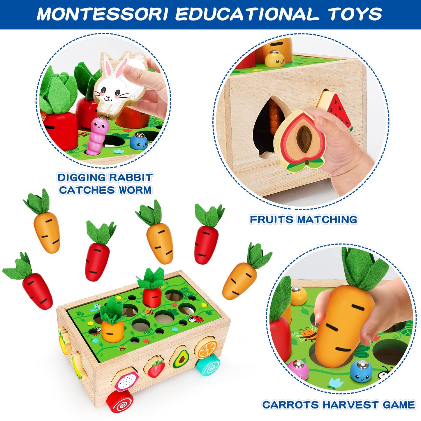 Wooden Montessori Toys for 1 2 3 Year Old Baby Girls Boys, Wood Shape Sorter Toys Gifts for Toddlers Learning Fine Motor Skills, Carrot Harvest Game