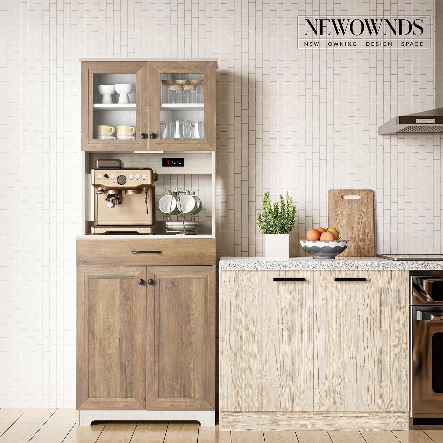 Kitchen Pantry Cabinet, Farmhouse Sideboard Buffet Cabinet with Charging Station and LED Light, Freestanding Kitchen Hutch Storage Cabinet with NEWOWNDS