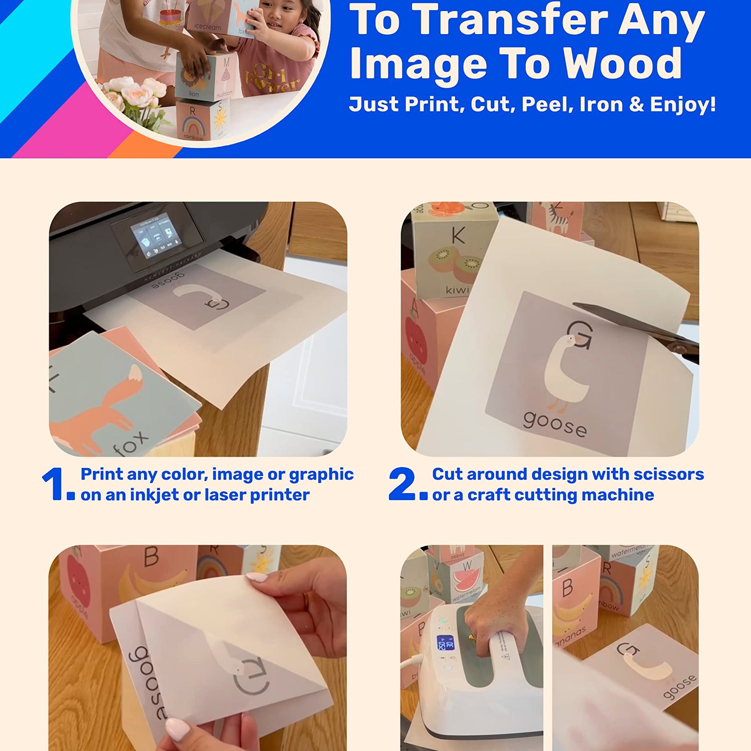 NuFun Activities Printable Iron-on Heat Transfer Paper for Wood, 5 Sheets 8.5 x 11 inch, Long Lasting, Durable, Professional Quality, Easy DIY, NuFun Activities