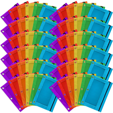 V-Opitos 72 Packs Pencil Pouch for 3 Ring Binder, Bulk 3-Holes Zipper Pencil Pouches in Assorted Colors, Sturdy and Durable Cloth Pencil Case with V-Opitos