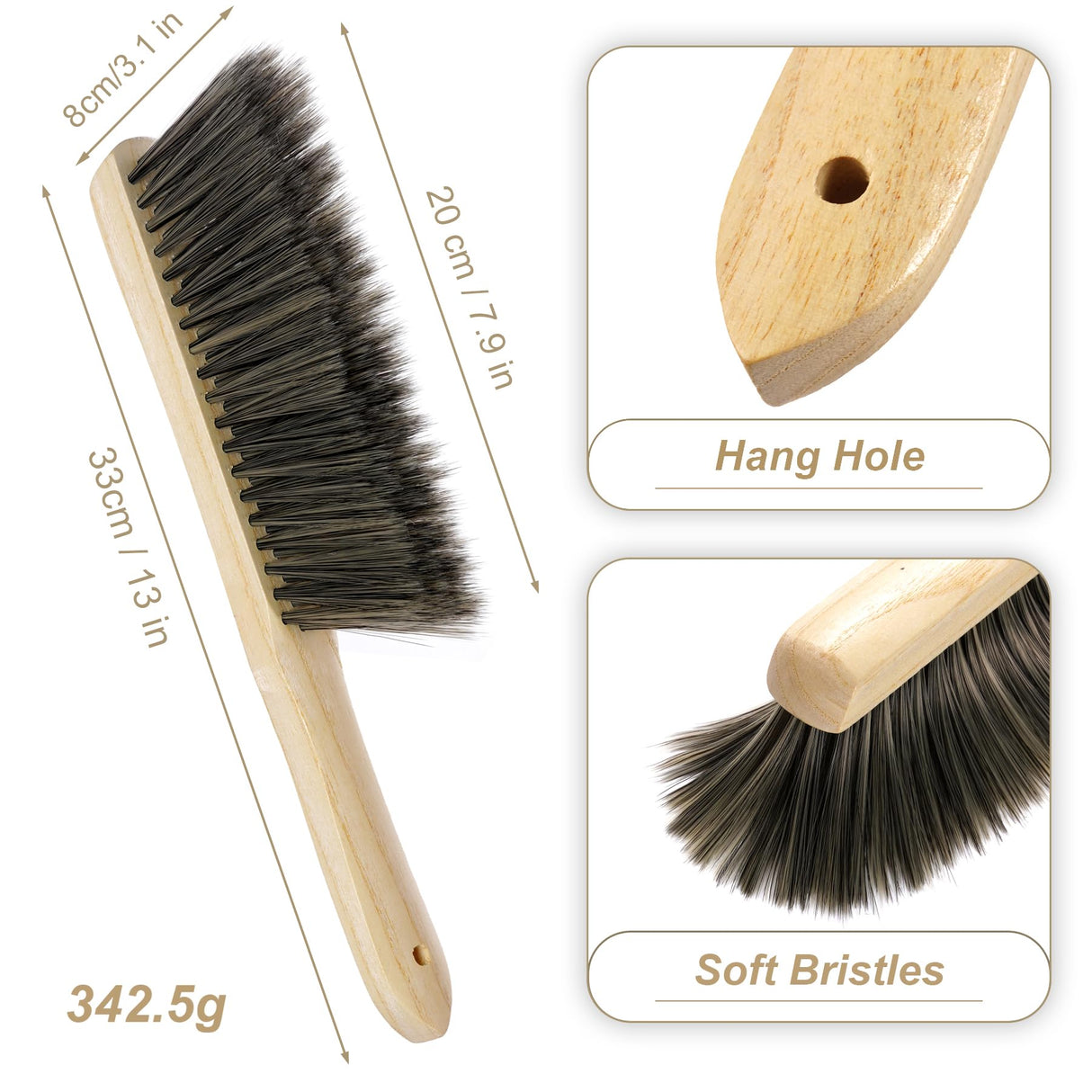 Rbenxia 2 Pieces Wooden Handle Bench Brushes Horse Hair Brushes Soft Bristles Dust Brush Household Cleaning Brushes for Fireplace, Sofa, Furniture, Rbenxia