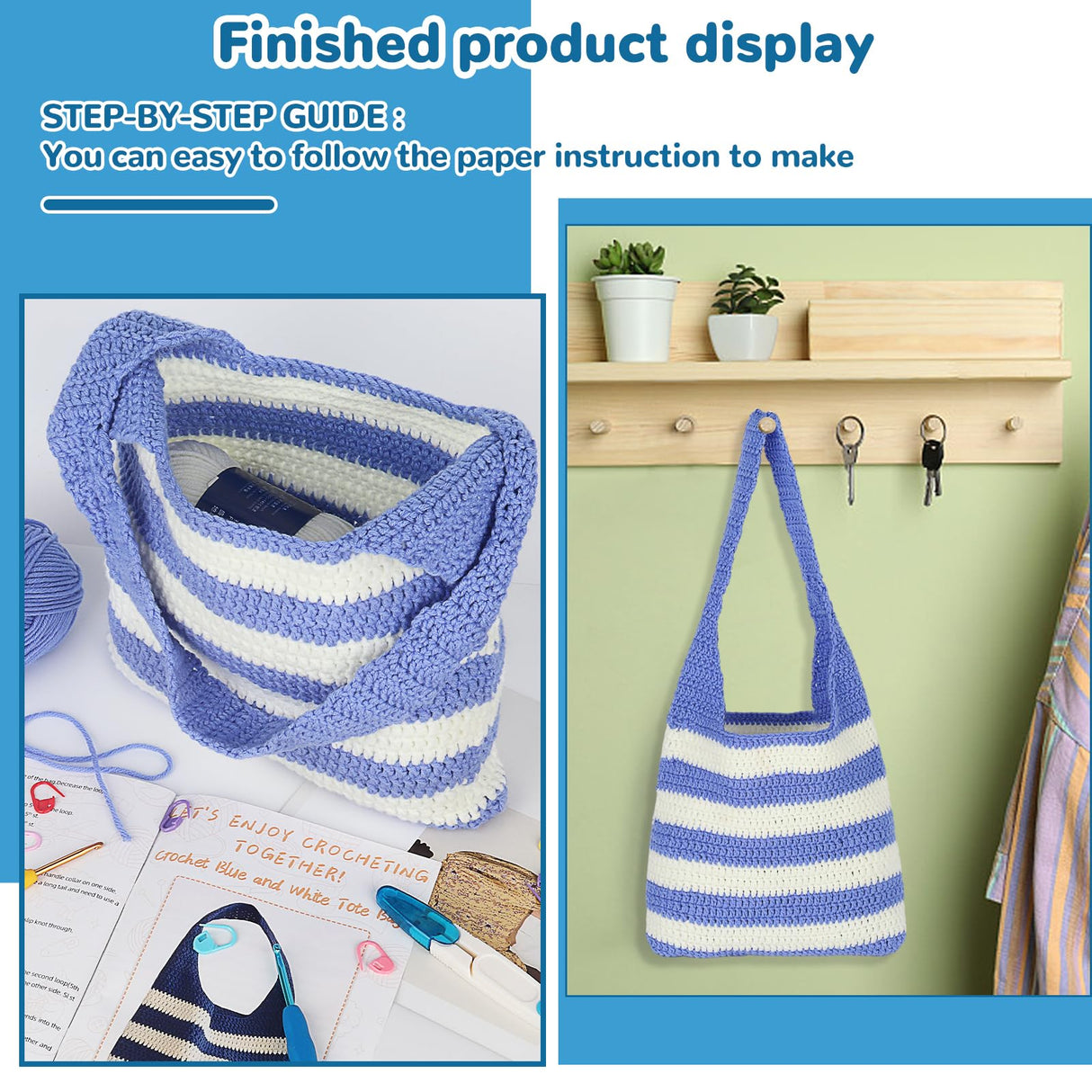 Katech Crochet Kit for Beginners, Striped Tote Bag Crochet Set Includes Crochet Yarn Crochet Hooks,Complete Crochet Step-by-Step Guide Needles Katech