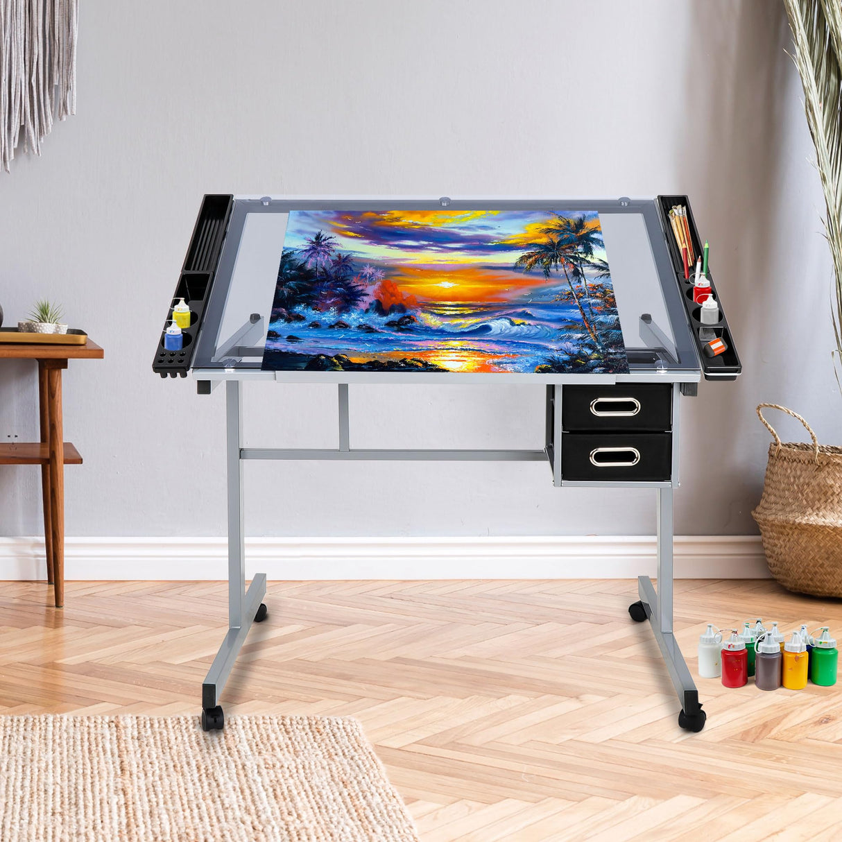 Nova Microdermabrasion Glass Top Drafting Table with Storage, Adjustable Drawing Desk Rolling Art Craft Station Writing Work Table with Drawers & Nova Microdermabrasion