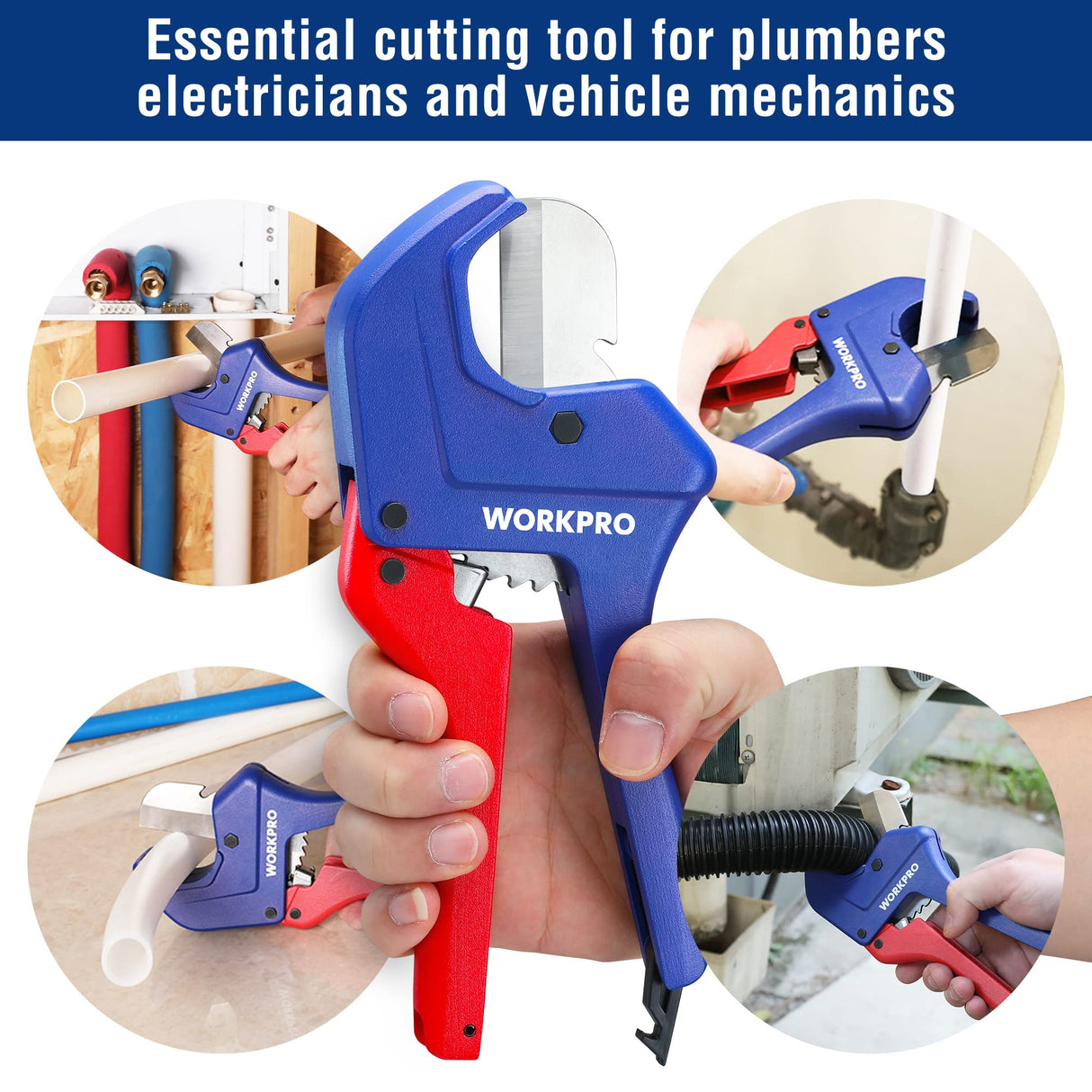WORKPRO Ratchet PVC Pipe Cutter Tool, up to 1-5/8" PEX, PVC, PPR and Plastic Hoses, Pipe Cutters with Sharp 5Cr15MoV Stainless Steel Blades, Suitable WORKPRO
