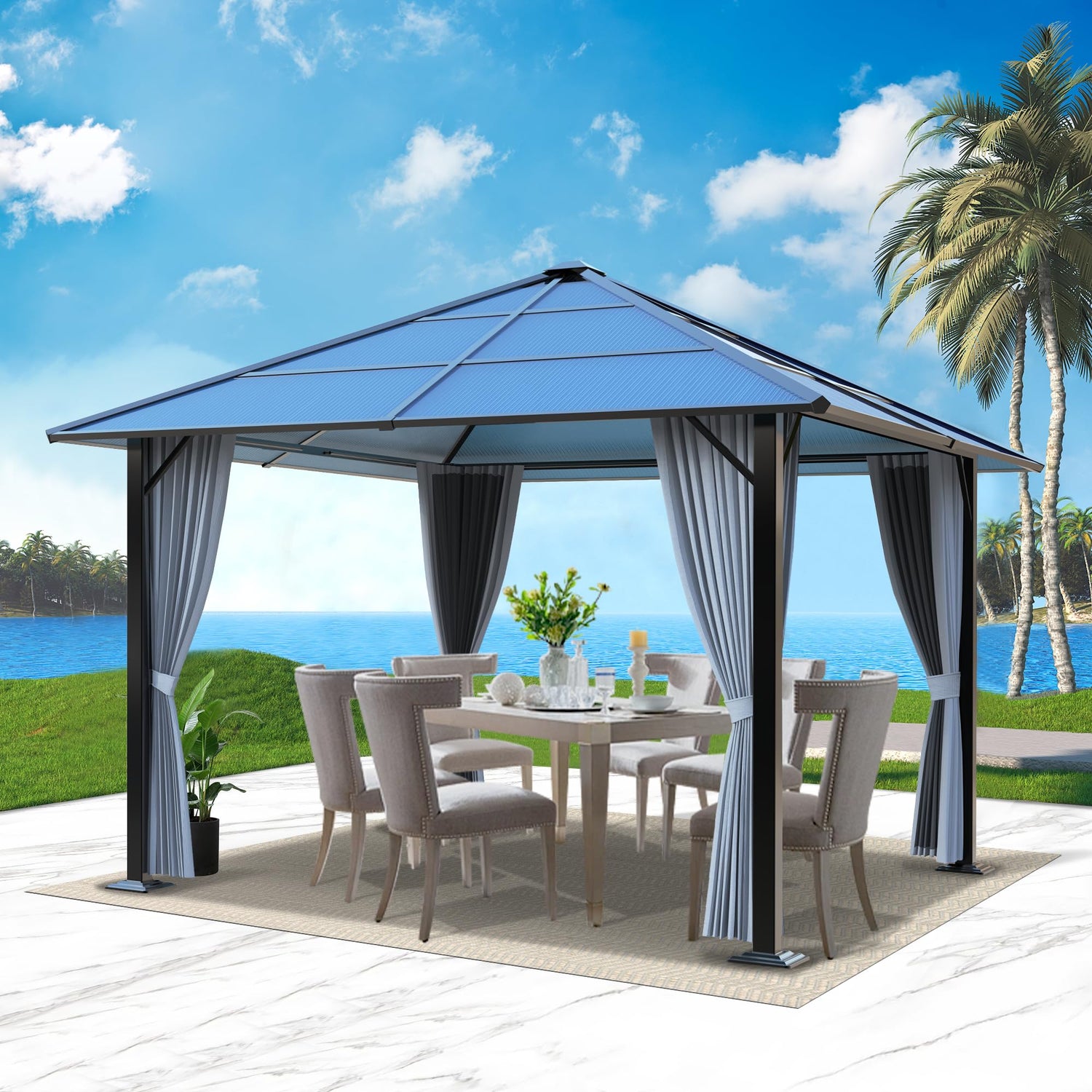 QZEN 10'x10' Hardtop Gazebo, Outdoor Polycarbonate Gazebo, Metal Frame Permanent Pavilion with Curtains & Netting for Backyard, Patio, Deck (10'x10' QZEN
