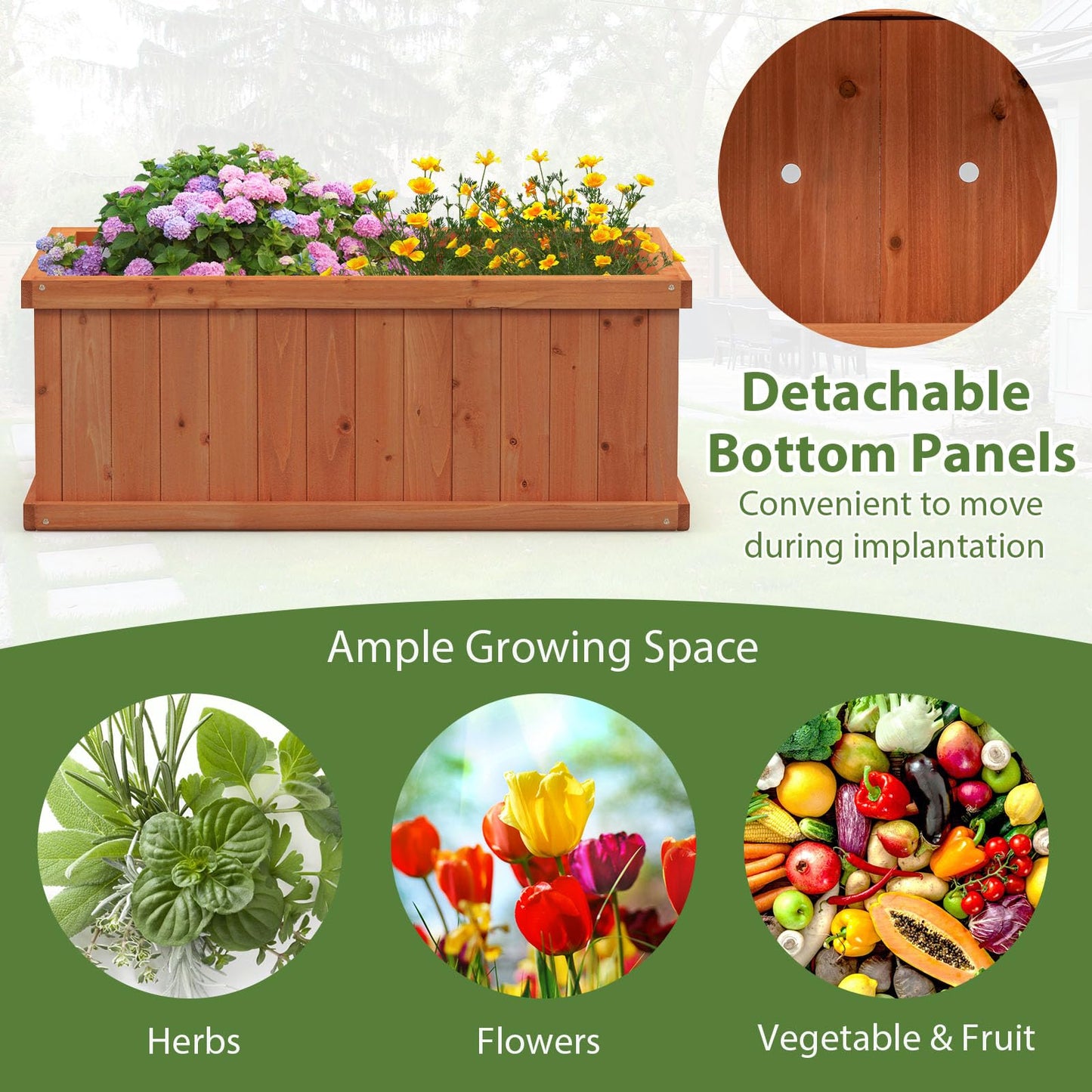 Giantex Raised Garden Bed, 31”x14”x12” Wooden Planter Box with 4 Drainage Holes & Detachable Bottom Panels, Elevated Flower Bed, Rectangular Plant - WoodArtSupply