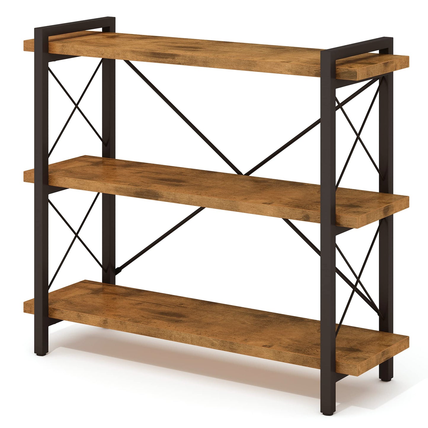 HCHQHS Bookshelf, 3-Tier Industrial Bookcase, Rustic Open Book Shelf, Wood and Metal Horizontal Bookshelves