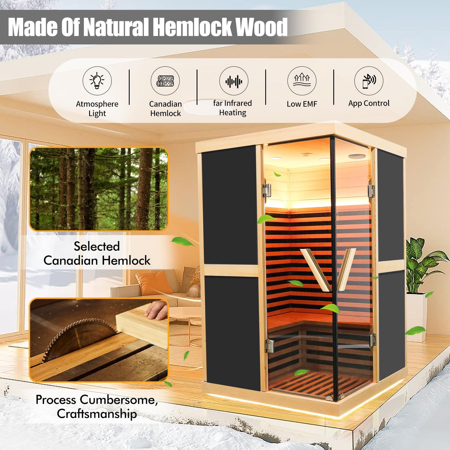 OUTEXER Infrared Sauna 1980W Wooden Saunas Home Spa Room Canadian Hemlock Wood Low-EMF Indoor Saunas with APP Control for Two Person