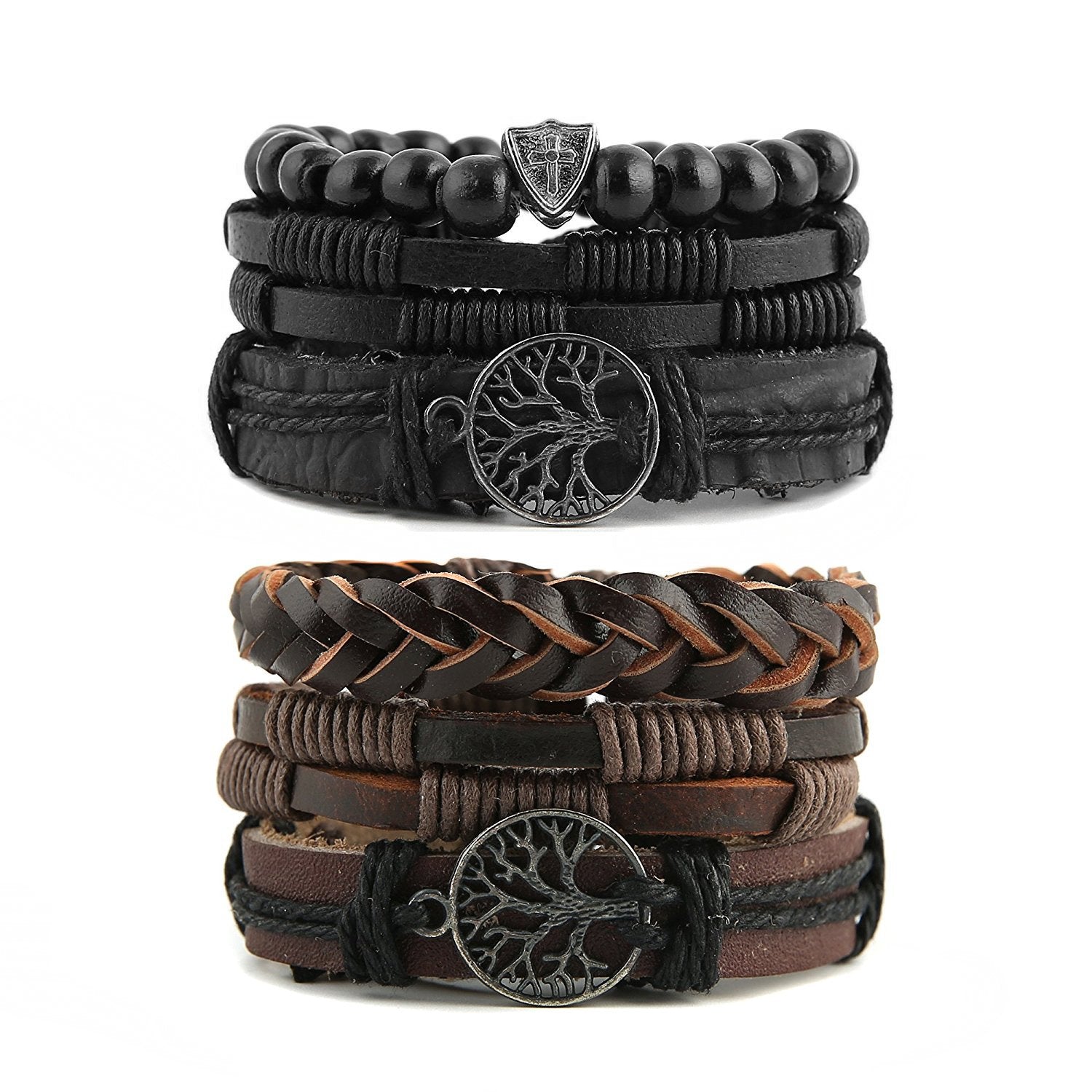 HZMAN Genuine Leather Tree of life Bracelets Men Women, Tiger Eye Natural Stone Lava Rock Beads Ethnic Tribal Elastic Bracelets Wristbands (2Pcs) - WoodArtSupply