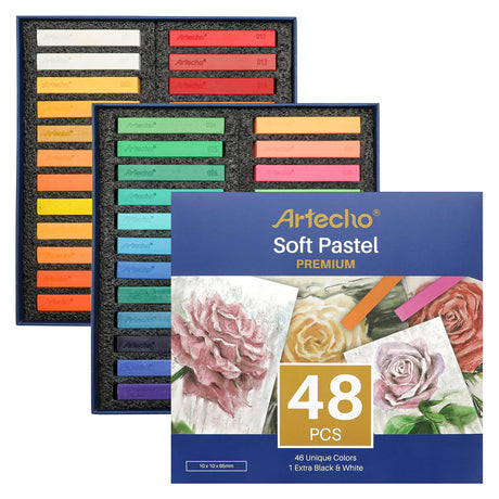 Artecho 48 Soft Pastels, 46 Colors Including 4 Fluorescent Colors, Extra Free Black & White, Square Chalk for Drawing, Blending, Layering, Shading, Artecho