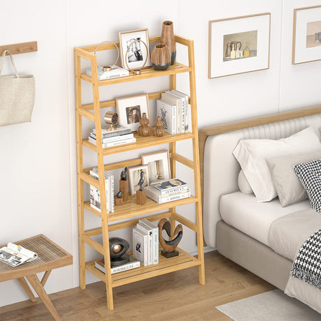 Homykic 4-Tier Bamboo Ladder Shelf – Stylish Freestanding Bookcase for Storage and Display Homykic