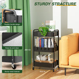 LEHOM 3 Tier Rolling Utility Cart, Metal Trolley Cart with Wheels, Hooks, Easy Assembly Organizer Storage Cart for Bathroom, Kitchen, Office, LEHOM