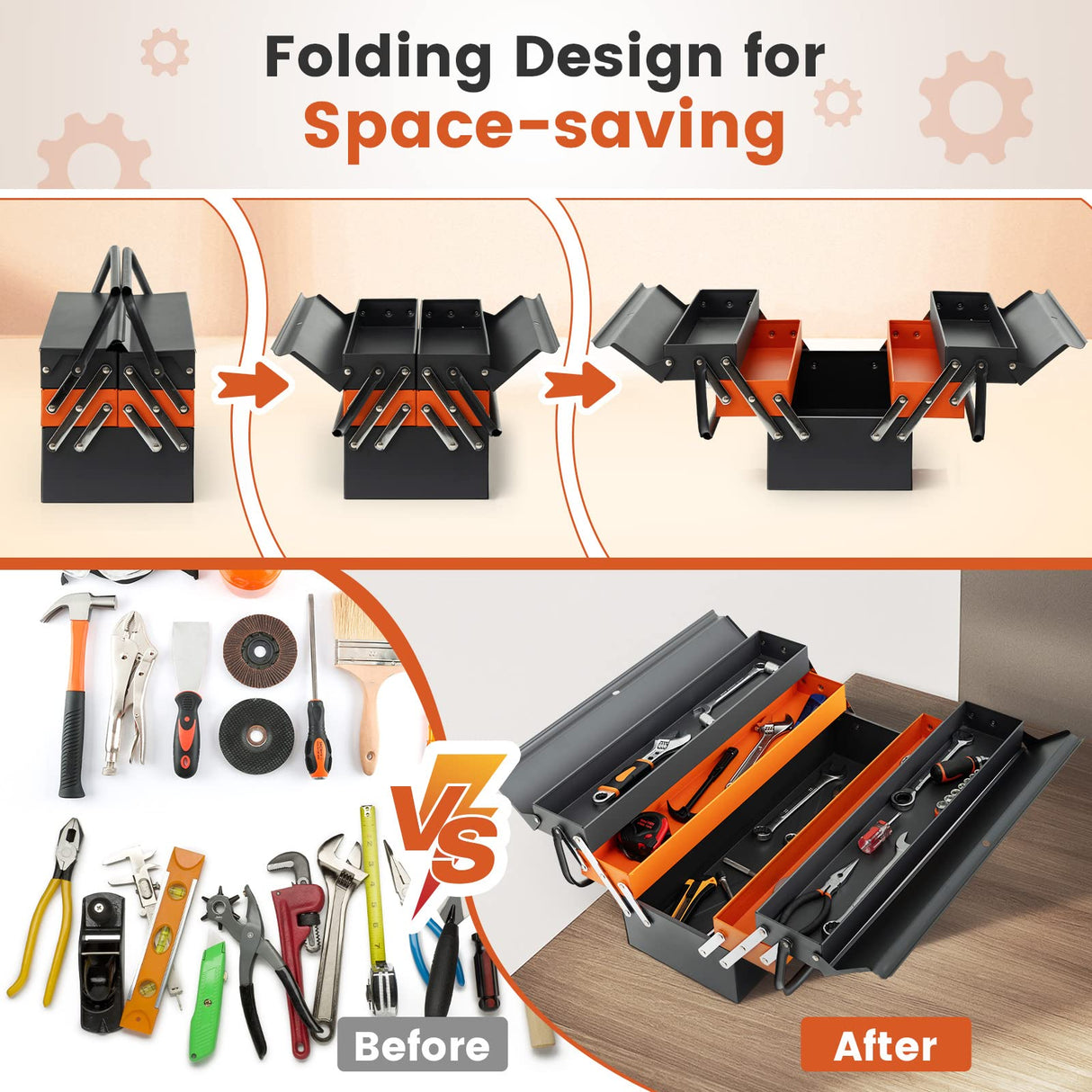 S AFSTAR 22 Inches Tool Box, 3-Layer 5-Tray Metal Toolbox w/Full-Length Handles & Lock Hole Design, Portable Storage Toolbox, Folding Tool Organizer S AFSTAR