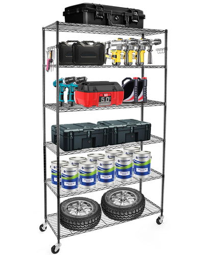 YNN Heavy Duty Storage Shelving Unit, 6 Tier Storage Shelves with Wheels Adjustable Storage Metal Shelf Wire Shelving Unit Organizer Storage Rack for