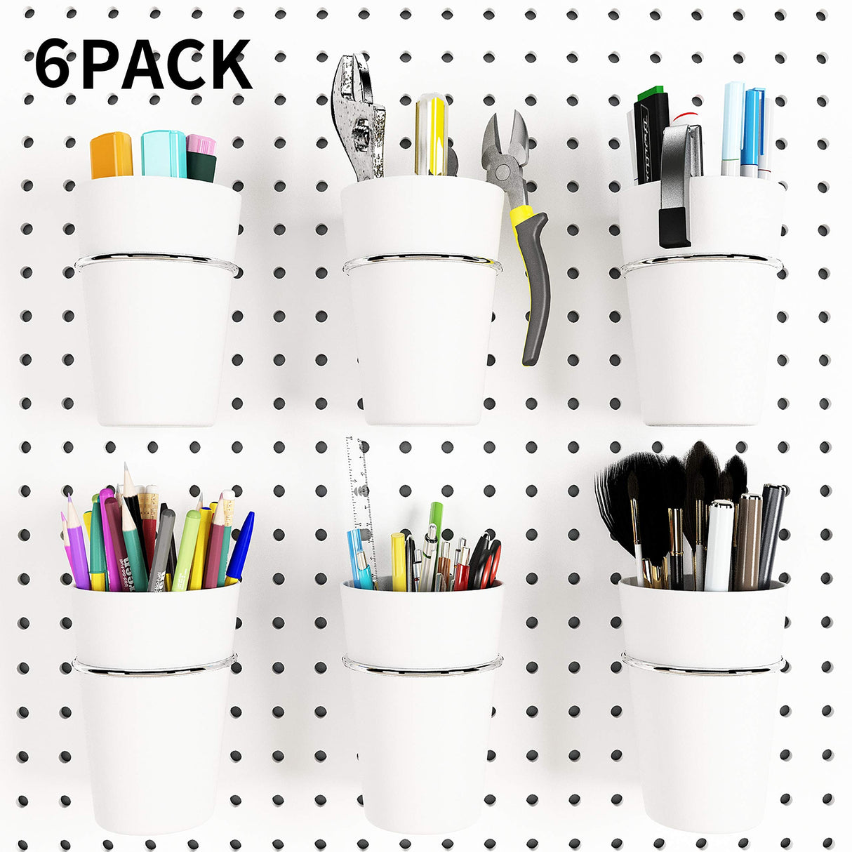 Kuhome 6 Sets Pegboard Hooks with Pegboard Cups, Ring Style Pegboard Bins with Rings, Pegboard Cup Holder Accessories for Organizing Storage (White) Kuhome