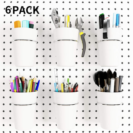Kuhome 6 Sets Pegboard Hooks with Pegboard Cups, Ring Style Pegboard Bins with Rings, Pegboard Cup Holder Accessories for Organizing Storage (White) Kuhome