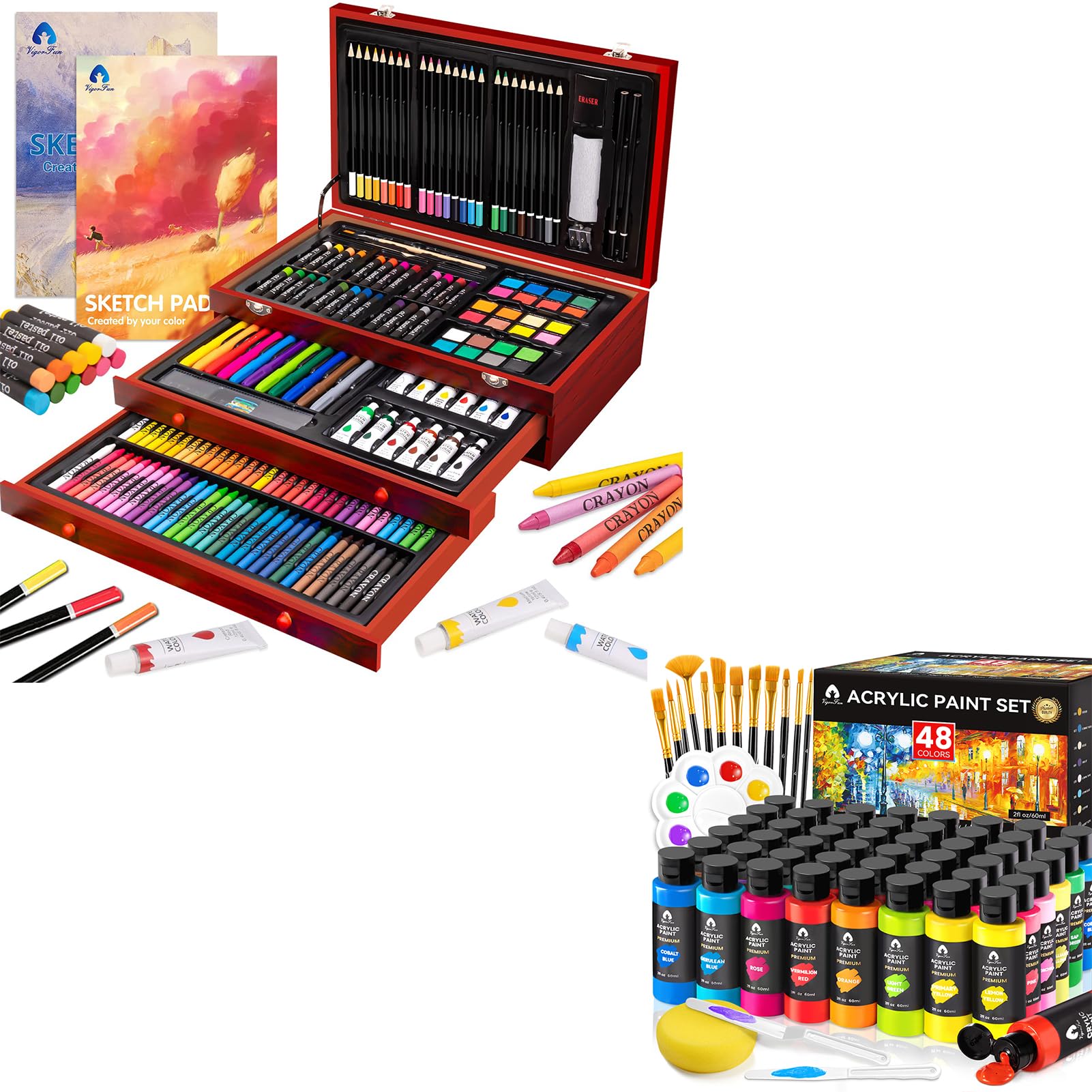 VigorFun Art Supplies, 170-Piece Deluxe Wooden Art Set Crafts Kit with Oil Pastels, Colored Pencils, Watercolor Paint, Acrylic Paint, Oil Paint, Creat