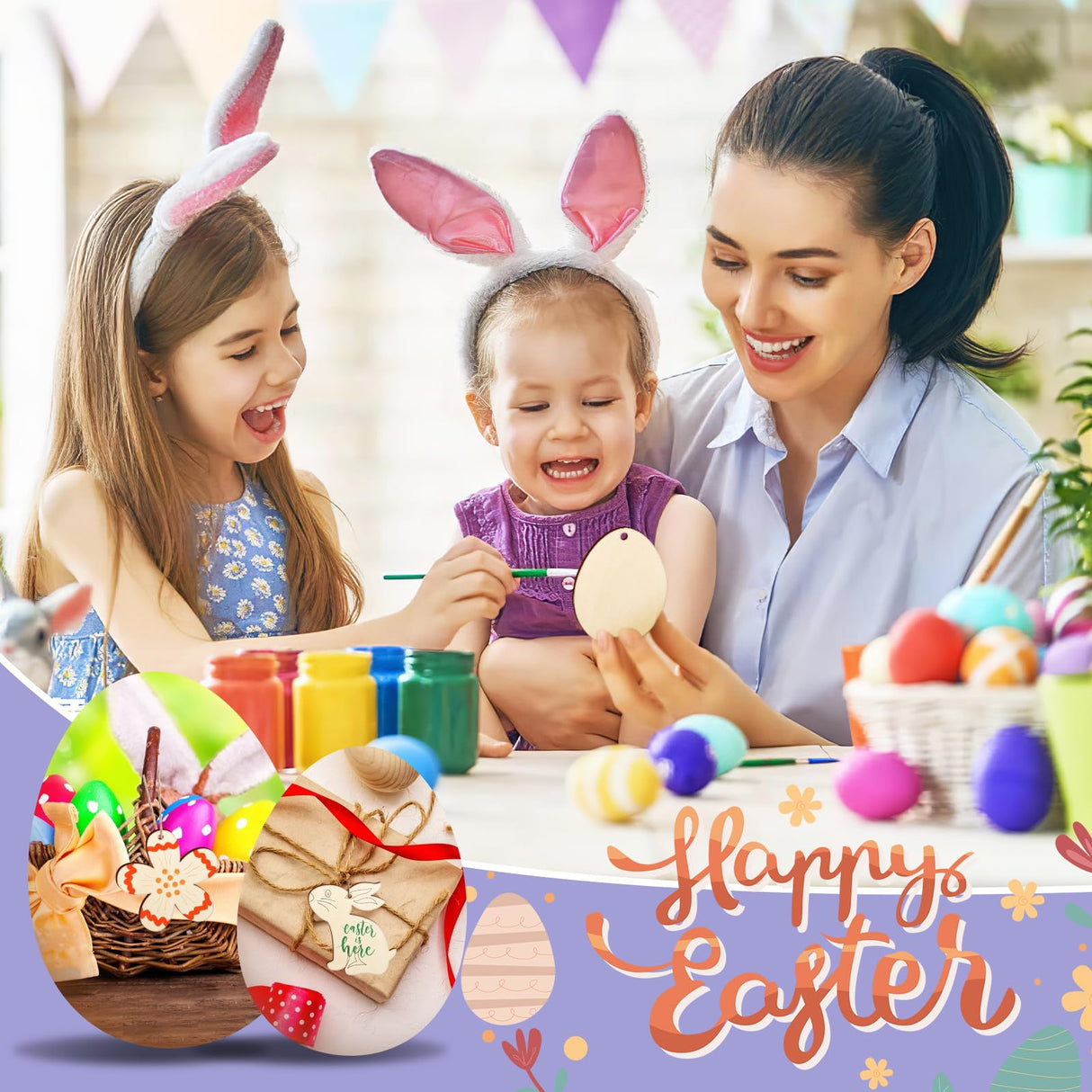 80PCS Wooden Easter Ornaments to Paint, 8 Styles DIY Blank Unfinished Wood Cutouts Ornament for Crafts Hanging Decorations, Egg Rabbit Bunny Sophena