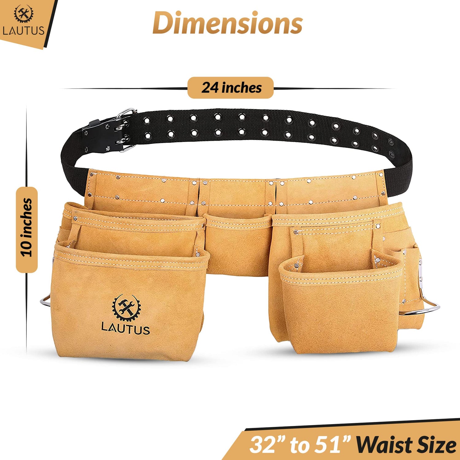 LAUTUS Suede Tool Belt/Pouch/Bag/Work Apron | Carpenter, Construction, Framers, Electrician |11 Pockets | Adjustable Double Pronged Belt | 2 Hammer LAUTUS