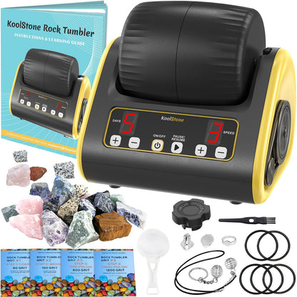 Rock Tumbler Kit with Memory Function – Hobby Edition for Beginner, 3-Speed Motor & 9-Day Timer, Leak-proof Rock Polisher with 6 Belts, Rough - WoodArtSupply