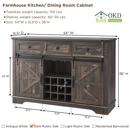 OKD Farmhouse Buffet Cabinet, 54" Sideboard with 3 Drawers, Sliding Barn Door, Wine and Glass Rack, Storage Shelves, Liquor Coffee Bar Cupboard for