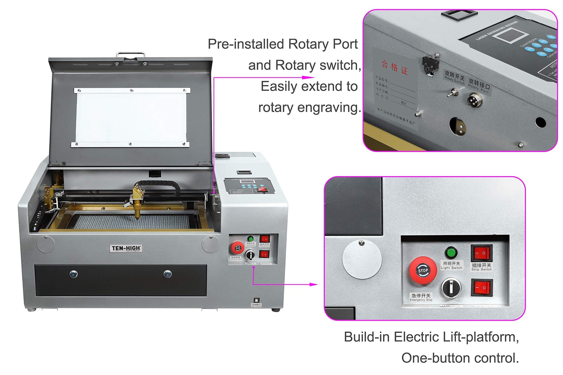 TEN-HIGH CO2 Engraving Machine 40W 300x400mm Laser Engraving Machine with Exhaust Fan USB Port, Standard Version Grey - WoodArtSupply