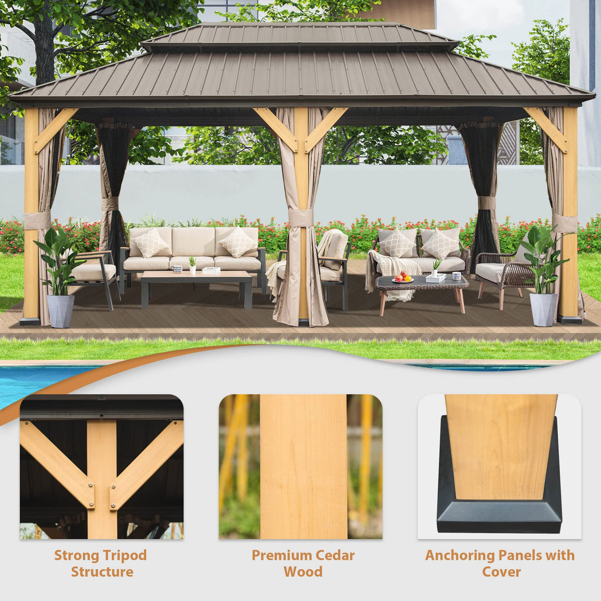 Domi Hardtop Gazebo 12’x20’ Cedar Frame Wood Gazebo with Galvanized Steel Double Roof, Outdoor Permanent Metal Gazebo with Curtains and Netting for domi outdoor living