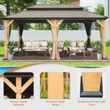 Domi Hardtop Gazebo 12’x20’ Cedar Frame Wood Gazebo with Galvanized Steel Double Roof, Outdoor Permanent Metal Gazebo with Curtains and Netting for domi outdoor living