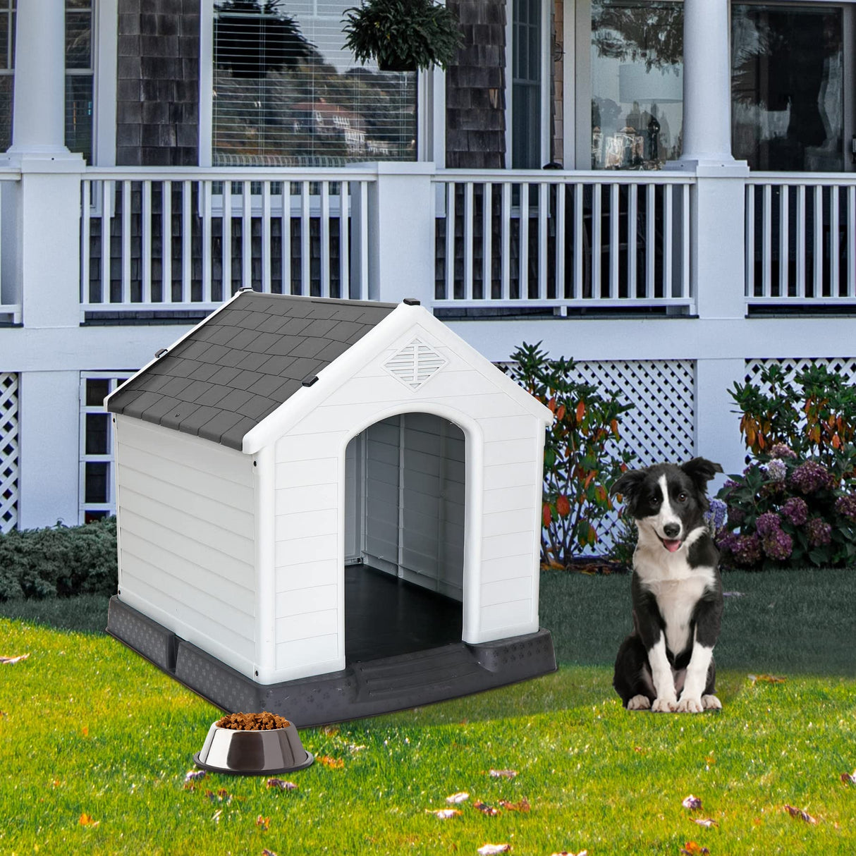 Pet Republic Large Plastic Dog House Indoor Outdoor Doghouse Dog Kennel Easy to Assemble Puppy Shelter w/Air Vents Elevated Floor Waterproof Pet Republic