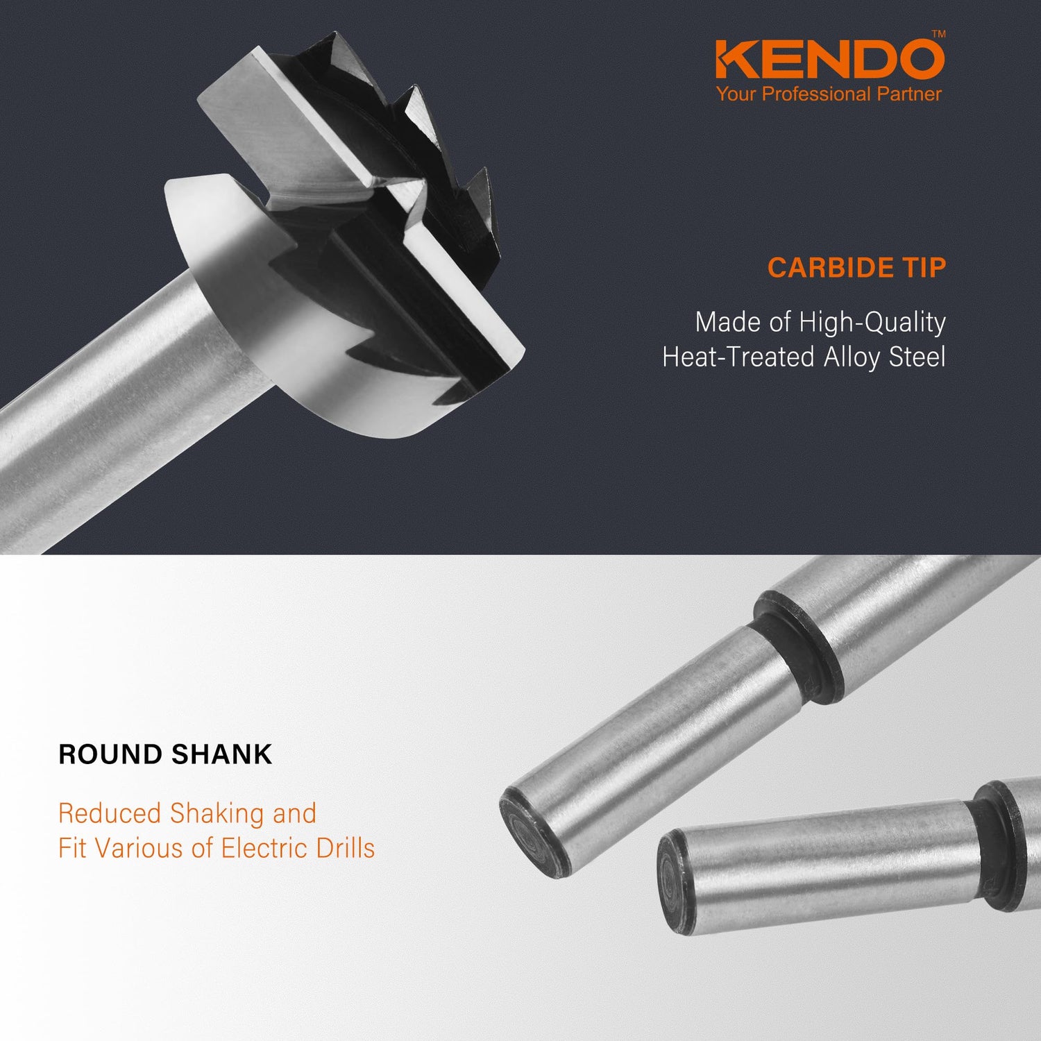 KENDO 8 Piece Forstner Bit Set, Made of Alloy Steel, Forstner Bits for Woodworking, Auger Opener Round Shank Drilling Cutting Tool for Hardwood, Kendo