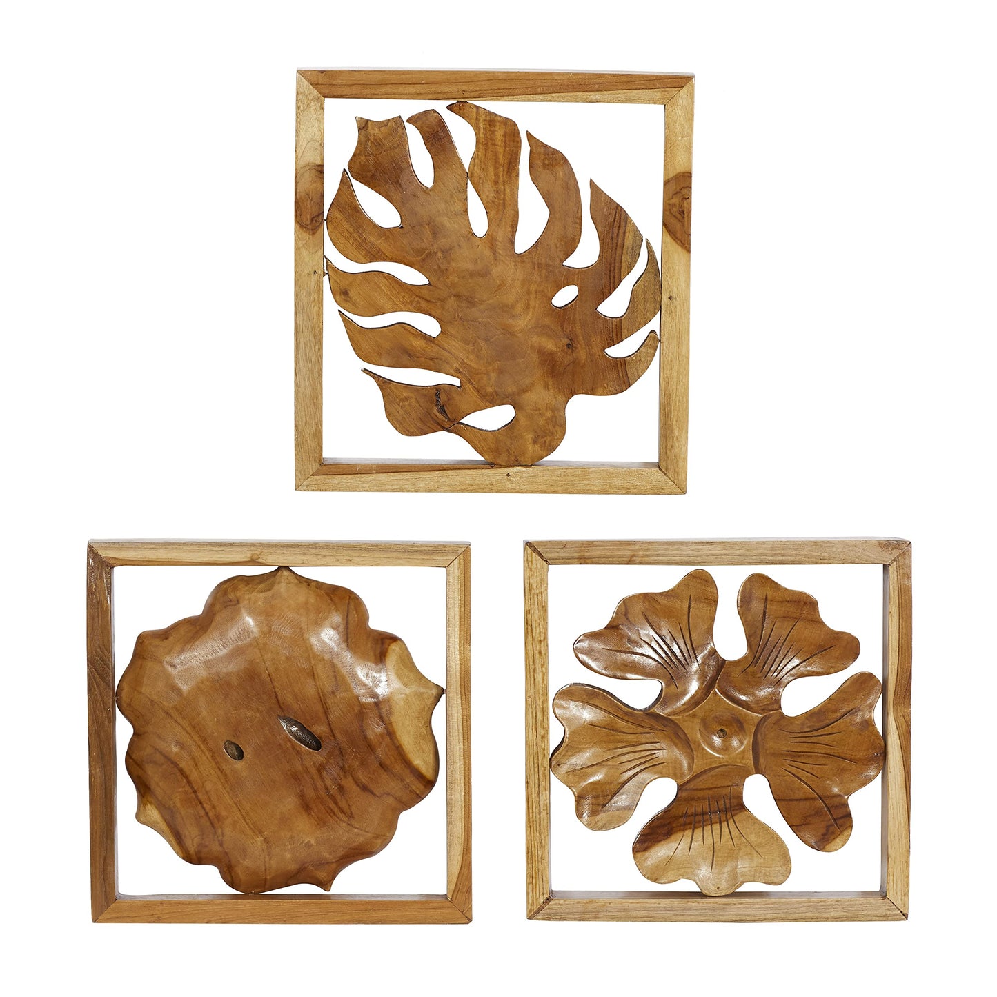 Deco 79 Teak Wood Floral Handmade Framed Carved Leaf and Wall Decor, Set of 3 14", 14", 15" W, Brown
