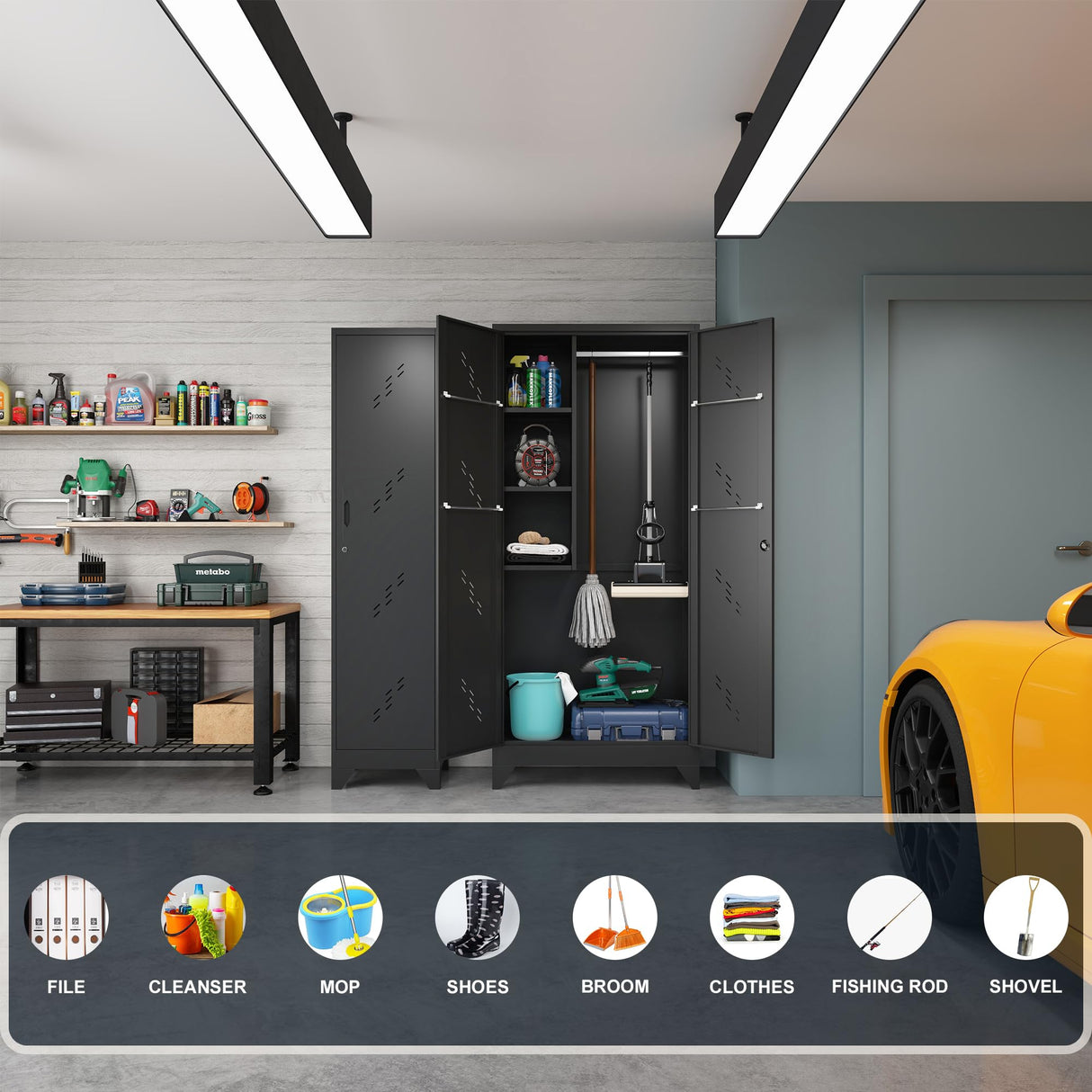 LyAosdFu Metal Storage Cabinets, 75" Cleaning Tool Cabinet with Locking Door, Tall Broom Tool Organizer and Storage, Large Storage Cabinet for LyAosdFu