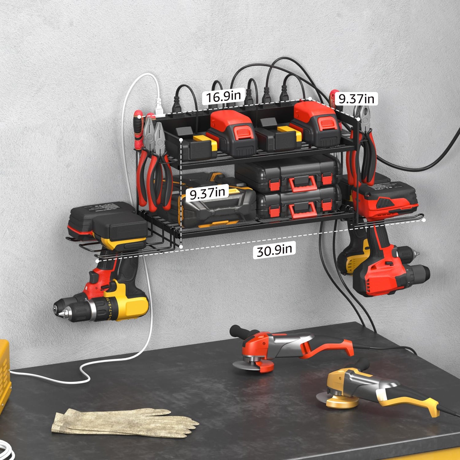CCCEI Garage Tools Storage with Charging Station. Power Tool Battery Organizer Utility Shelf with Power Strip. 4 Drills Holder Wall Mount Rack, CCCEI