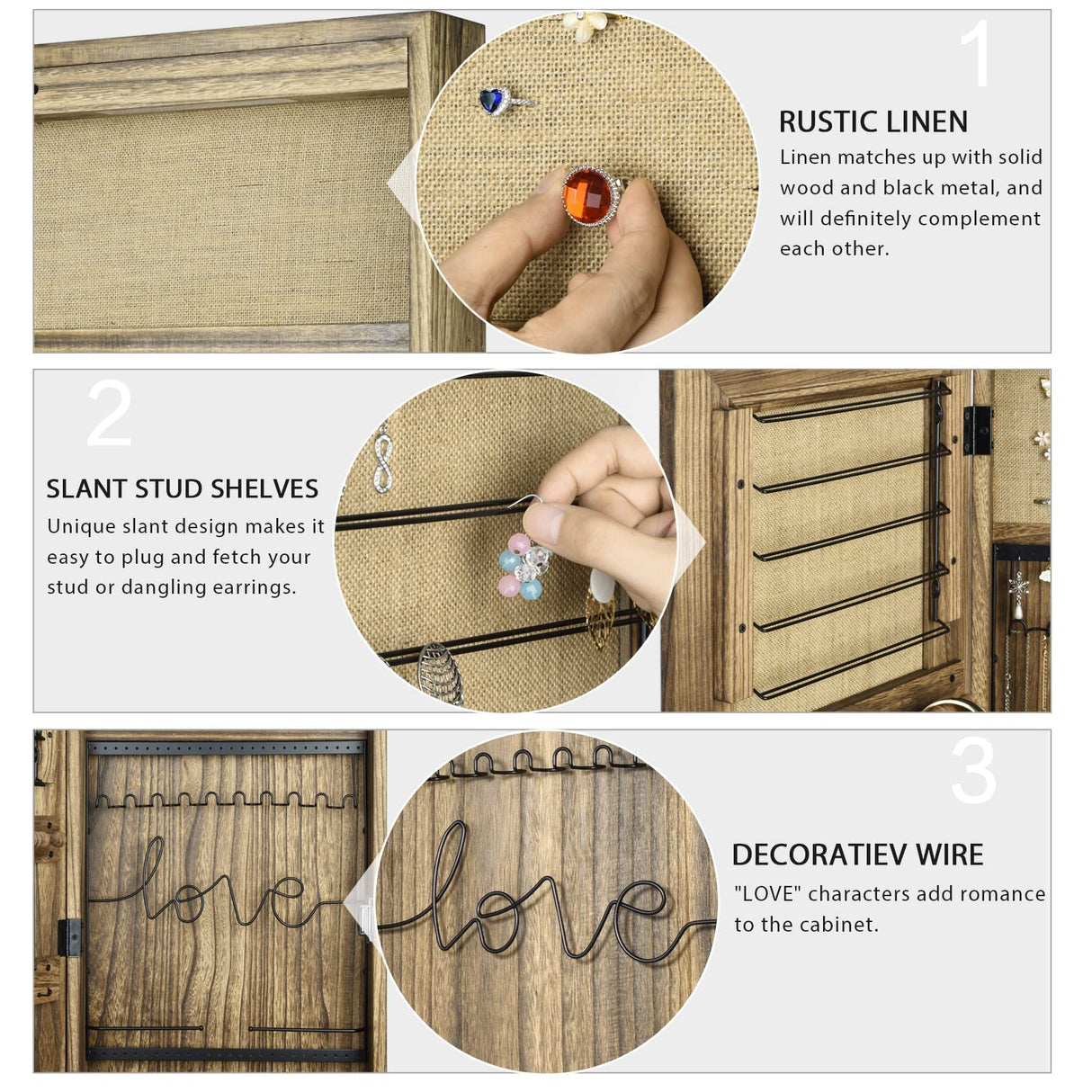 SRIWATANA Jewelry Armoire Cabinet, Solid Wood Jewelry Organizer with Full Length Mirror Wall/Door Mounted(Carbonized Black) SRIWATANA