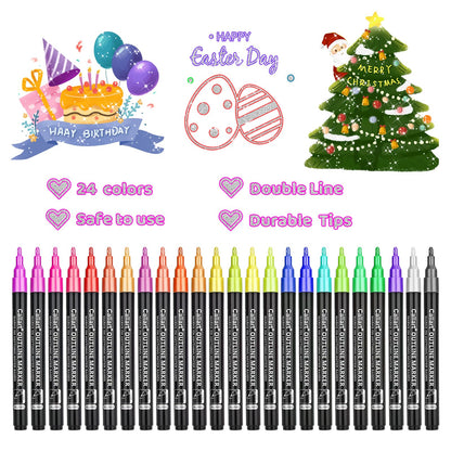 Caliart 24-Color Shimmer Markers Set, Double-Line Drawing Doodle Outline  Markers, Metallic Markers Glitter Pens, Stocking Stuffers for Kids, Gifts  for