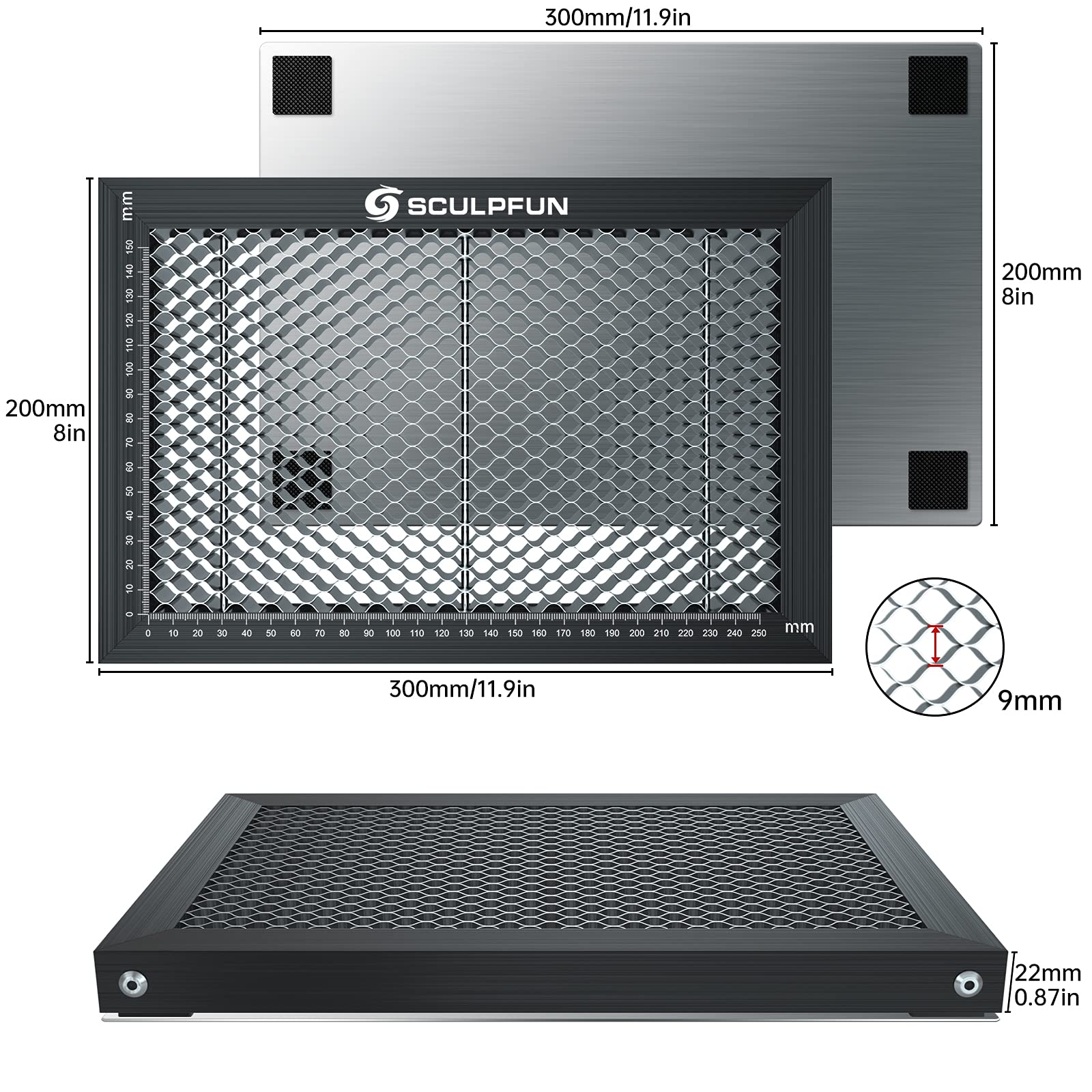 SCULPFUN H3 Honeycomb Laser Bed 17.7"x 17.7" with Clamps and Raisers, Honeycomb Working Table for Most Laser Engraver and Cutters, Aluminum Panel - WoodArtSupply