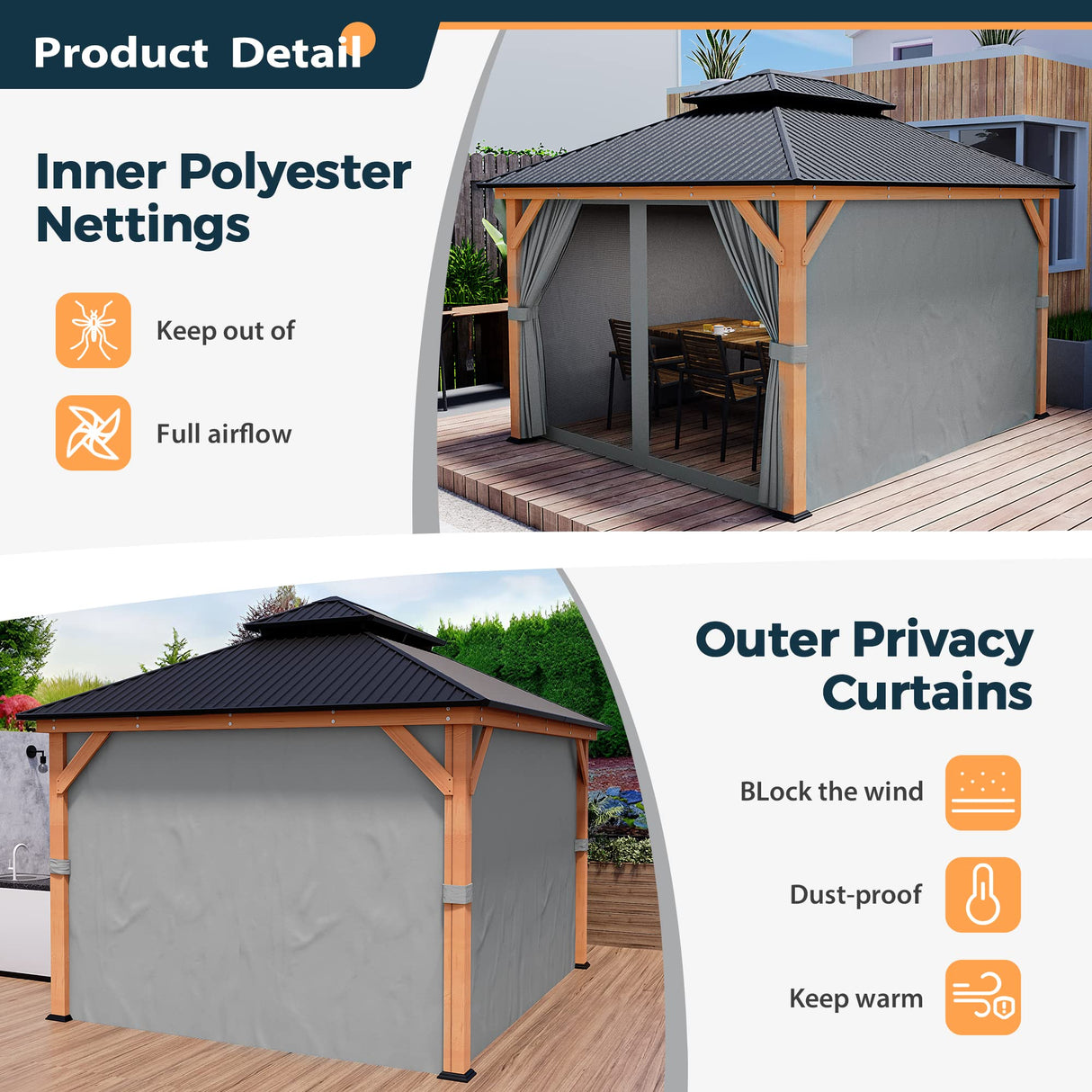 HAPPATIO 11' × 13' Wood Gazebo, Outdoor Hardtop Gazebo with Mosquito Netting and Curtains, Double Metal Roof Patio Gazebo Hard Top Gazebo for Garden, HAPPATIO