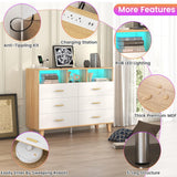 knoworld Dresser for Bedroom,White 6 Drawer Dresser with LED Light and Power Outlet,Tall Wide Dressers Chests of Drawers,Organizer Storage Drawers knoworld