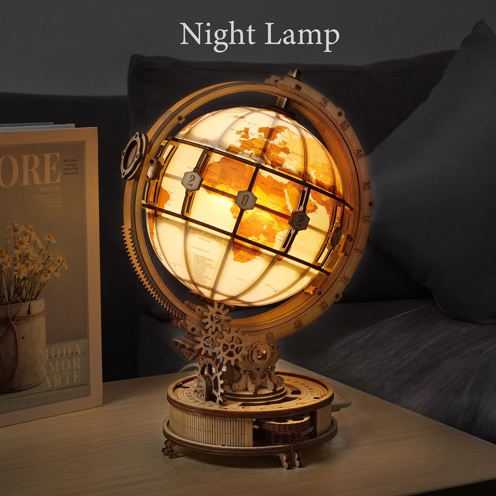 Illuminate Your Space with ROKR 3D Wooden Puzzle Globe Kit - 11.5 Inch Antique-Style with LED, Perfect Hobby Gift for Adults and Teens - WoodArtSupply