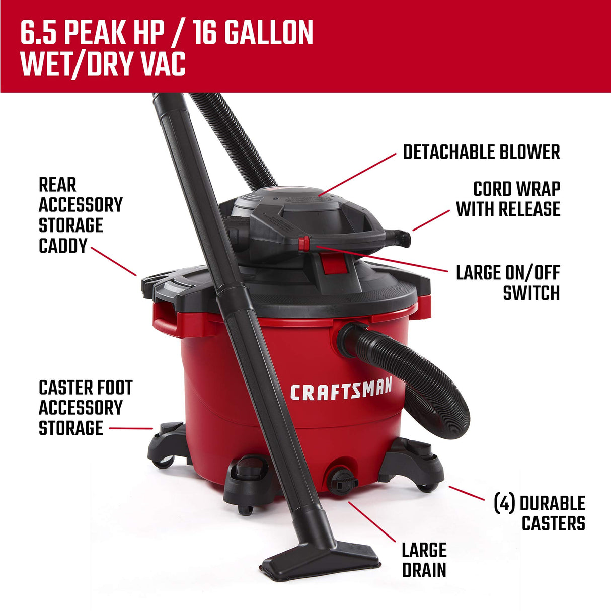 CRAFTSMAN CMXEVBE17607 16 Gallon 6.5 Peak HP Wet/Dry Vac with Detachable Leaf Blower, Heavy-Duty Shop Vacuum with Attachments Craftsman