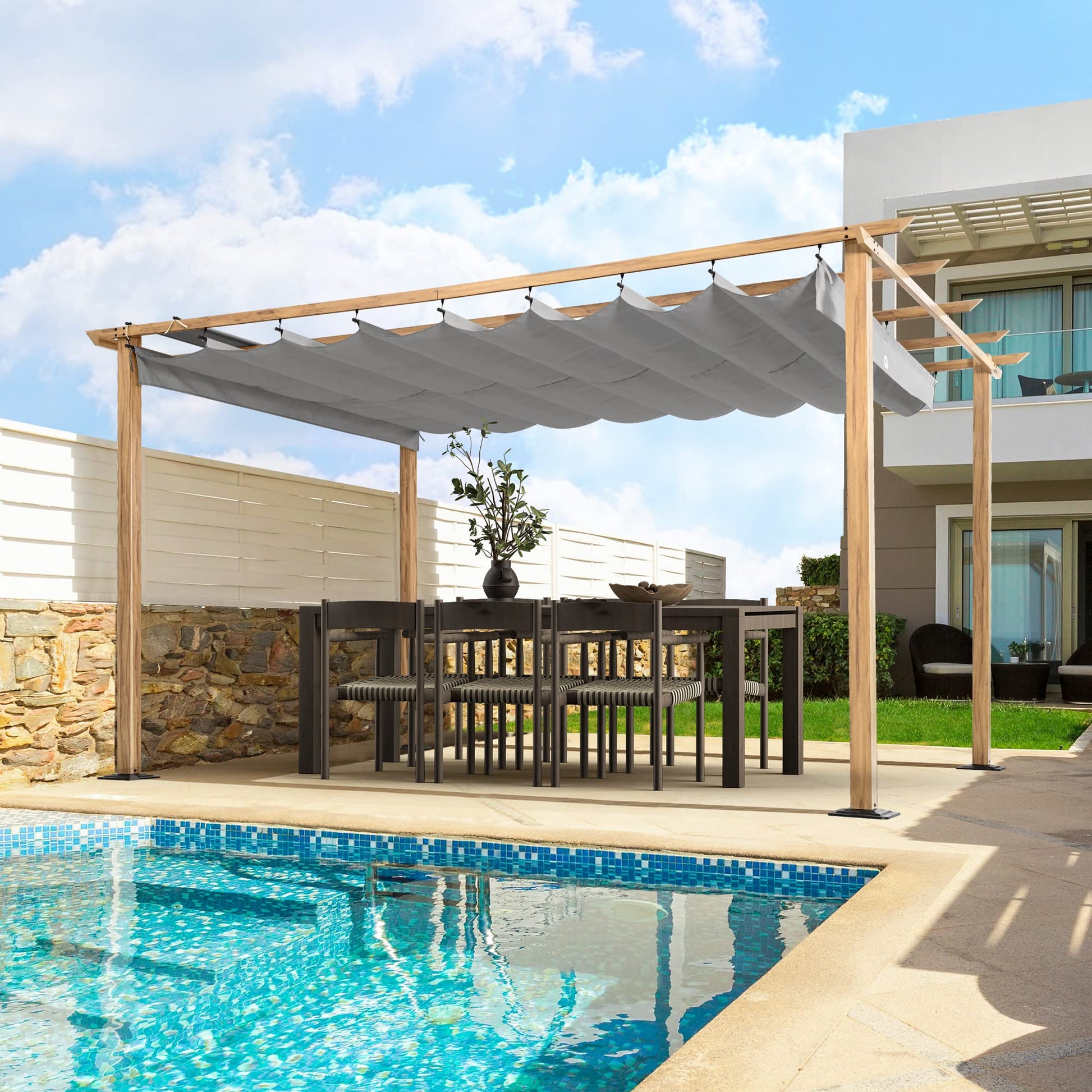 HAPPATIO 10' X 13' Pergola Retractable Pergola Canopy for Backyard, Garden, Patio; Woodgrain-Look Aluminum Pergola with Retractable Pergola Canopy, - WoodArtSupply