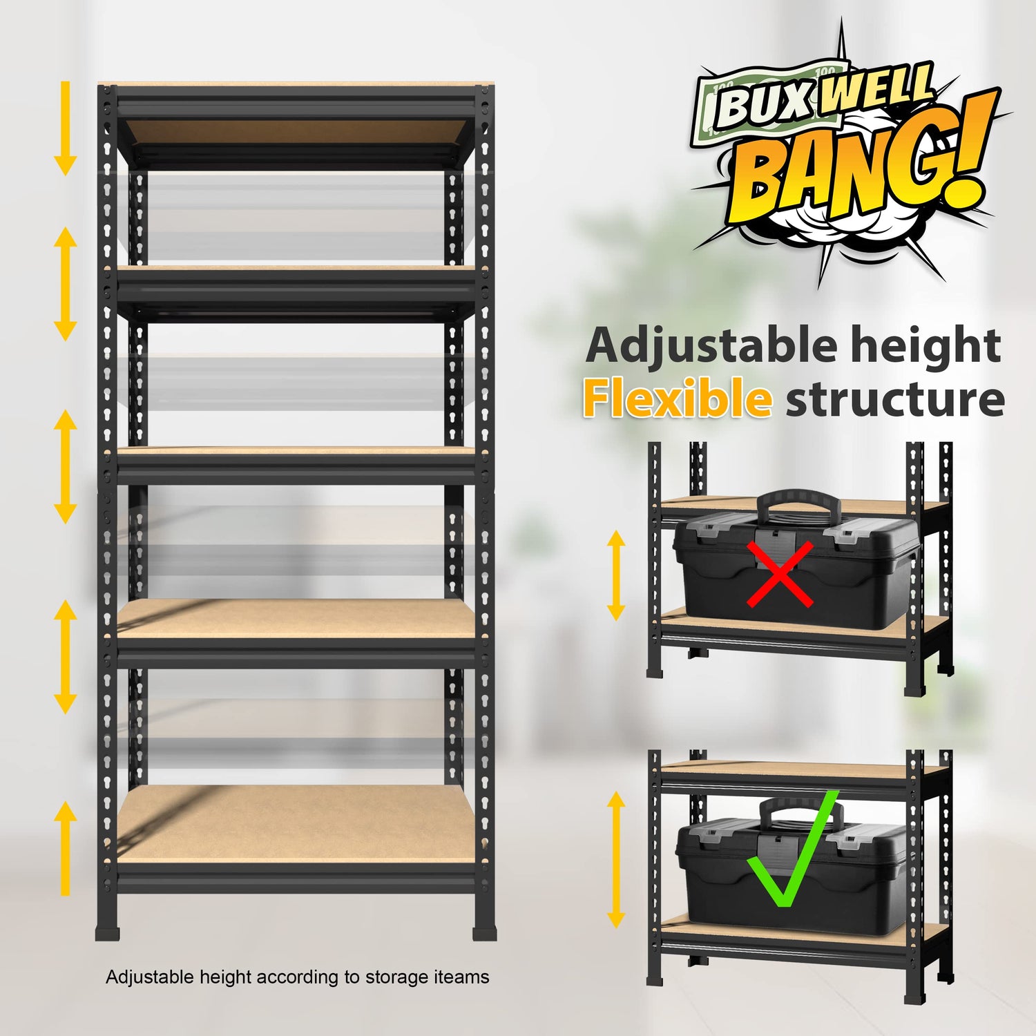 BuxWellBang 5-Shelf Heavy Duty Shelving - Adjustable Garage Storage Shelves, Metal Utility Storage Racks for Warehouse Pantry Basement Kitchen, BuxWellBang