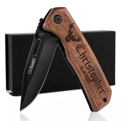 Gifts for Men, Personalized Engraved Walnut Wood Pocket Knife - 36 Icons, 13 Stylish Font - Custom Knives - WoodArtSupply