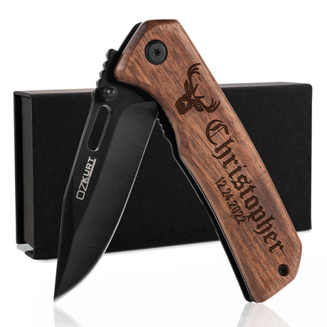 Gifts for Men, Personalized Engraved Walnut Wood Pocket Knife - 36 Icons, 13 Stylish Font - Custom Knives Customization Mill